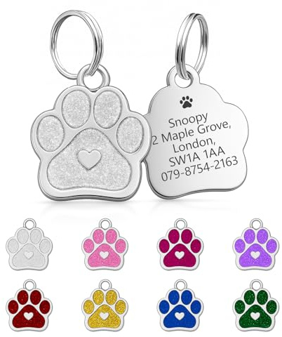 Médaille pour chien gravée avec n'importe quel nom et texte – En acier inoxydable – Gravure profonde pour chiens de compagnie, empreinte de patte avec un cœur (argenté)