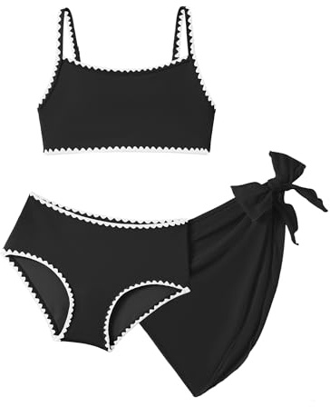 Arshiner Flicka Bikini Set Tre Delad Sport Topp Hög Midja Byxor Strand Bastu Torkar Snabbt Elastisk Barn 7-16 År, svart, 15-16 �r