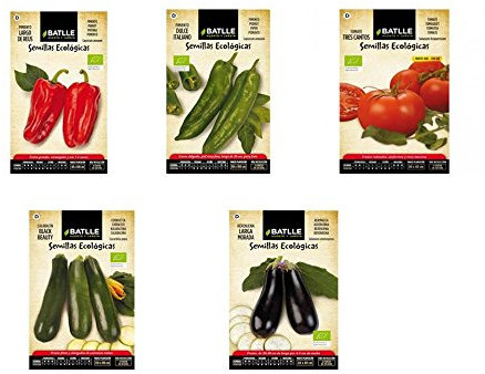 Lote 5 sobres Semillas Ecológicas Batlle (Pimiento rojo, Pimiento Verde, Tomate Tres Cantos, Calabacin y Berenjena)
