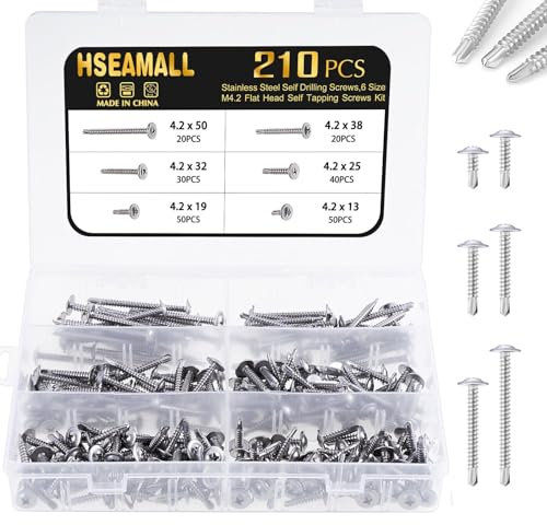 Tornillos autorroscantes autoperforantes HSEAMALL, tornillos de metal autorroscantes de acero inoxidable, tornillos avellanados de cabeza plana para fijación de madera de chapa, 6 tamaños 210 piezas
