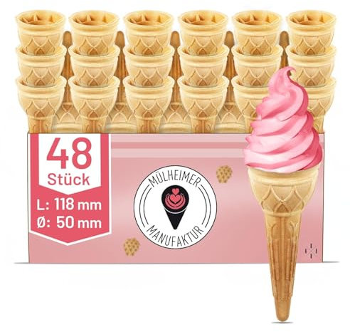MyNaschbar Halbsüße Softeiswaffel 48 Stück, 118 mm lang, Ø 50 mm, VEGAN – Tulpenhörnchen – Essbare Eistüten perfekt für Softeis oder Eiskugeln – Eiswaffeln Hörnchen in Eisdielen-Qualität