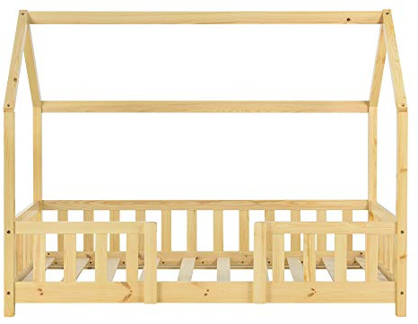 [en.casa] Kinderbett Sisimiut mit Matratze 80 x 160 cm Hausbett Montessori mit Rausfallschutz Holzbett für Kinder Bodenbett Lattenrost Kiefernholz Holzfarben