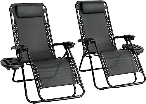 Aspect Garden Chairs | Zero Gravity Chair | Set of 2 | Sun Lounger | Reclining Garden Chairs | Folding Chair with Cup Holder and Headrest Pillow(Black)