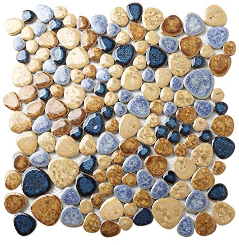 Blujellyfish Glazed Blue Mosaic Ceramic Pebble Porcelain Tile Swimming Pool Bath Shower Wall Flooring Tile TSTGPT001 (5 Square Feet)