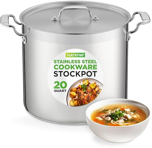 NutriChef Olla de cocina de acero inoxidable – 20 cuartos de galón, olla de inducción resistente, olla de sopa con tapa de acero inoxidable, compatible con placas de inducción, cerámica, vidrio y