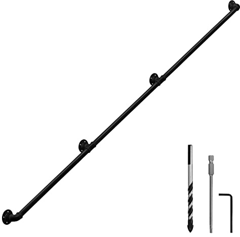 HouseAid 10FT Industrial Pipe Wall Handrail, Farmhouse Stairway Railing with 1-1/4 Inch Diameter Pipe, Vintage Style Stairs Handrail, Wall Mounted, Matte Black