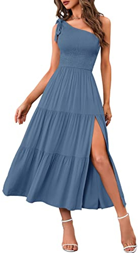 MEROKEETY Women's One Shoulder Sleeveless Shirred High Waist Swing A-Line Midi Maxi Dress,Dustyblue,XL