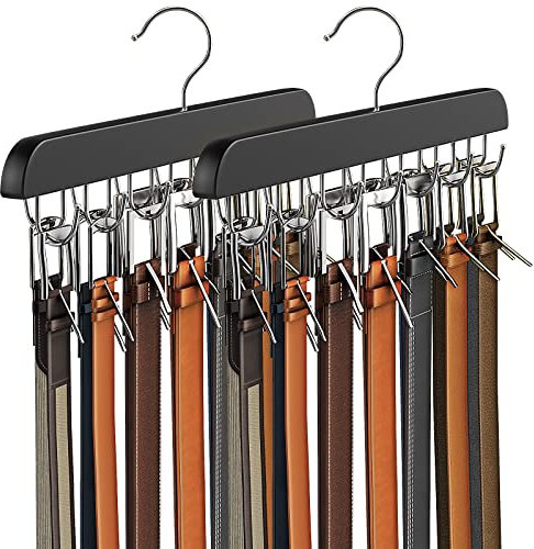 Gürtelaufhänger für Schrank, max. 42 Gürtel, Gürtel-Organizer, Schrankzubehör mit 14 Haken, Gürtelablage, stabiles Holz, für Schrank-Organizer und Aufbewahrung, 2 Stück, Schwarz