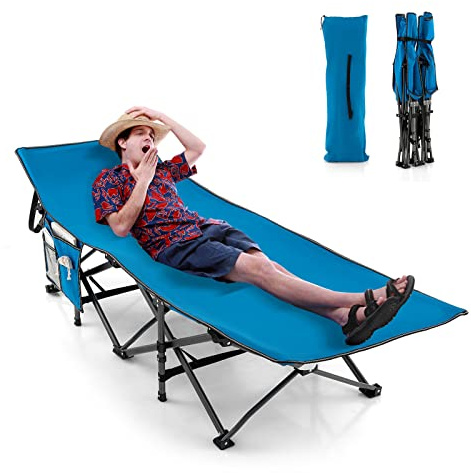 GYMAX Lit de Camp Pliable 1 Personnes, Charge 160kg, Lit de Couchage Robuste avec Pochette 3-en-1, Sac de Transport, Lit de Tente pour Camping, Voyage, Randonnée (Bleu)