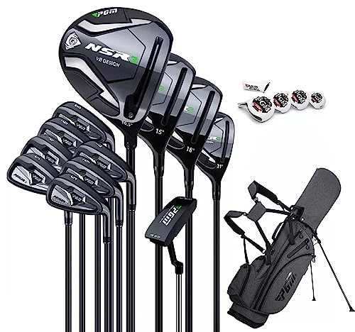 PGM Herren Golfschläger-Set, 12-teilig, 3 Holz (#1,3,5), 1 Hybrid (#4H), 6 Eisen (#5,6,7,8,9,PW), 1 Sandkeil (52°), 1 Putter – Golftasche MTG033-2