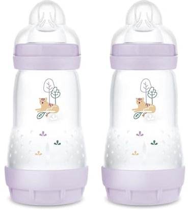 MAM Easy Start Anti-Colic Babyflasche im 2er-Set (260 ml), besonders gut akzeptierte Milchflasche, Baby Trinkflasche mit Bodenventil gegen Koliken & Sauger Größe 1, 0+ Monate, Tiger