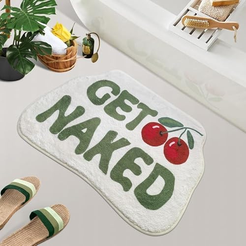 SHIYUE Get Naked - Alfombra de baño verde linda y divertida, suave, absorbente, antideslizante, de microfibra superior, lavable, para decoración de ducha (cereza, 18 x 26 pulgadas)