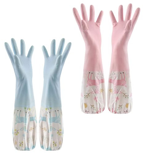 FDCGAS Guanti di Pulizia in Gomma - 2 Paia Guanti per Lavare i Piatti da Cucina, Guanti Pulizia casa, a Polsino Lungo in Cotone, Foderati per Uso Domestico, per Lavanderia, Giardinaggio (Medio)