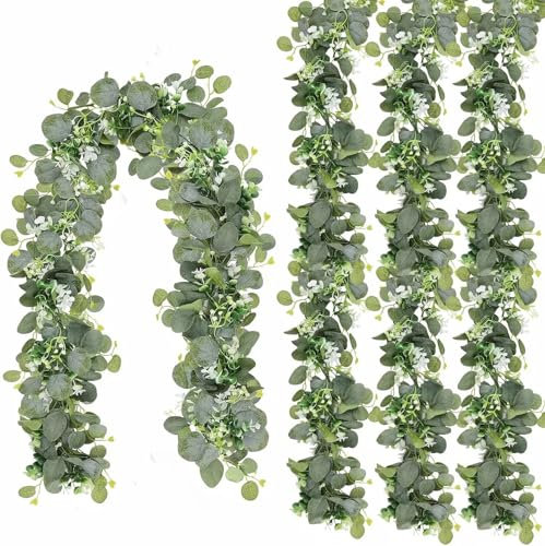 N&T NIETING 4Pcs Artificial Eucalyptus Garland Vines, 6ft Artificial Hanging Plants Faux Eucalyptus Leaves Artificial Greenery Garland For Wedding Party Table Indoor Outdoor Home Decor