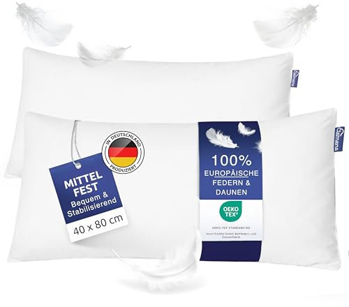 Clemens Daunenkissen 2er Set 40x80 cm (900g) waschbar - Hochwertige Europäische Federn 85% & Daunen 15% Made in Germany, 2er Set Kopfkissen bei Rücken- & Seitenschläfer - Daunenfederkissen Set