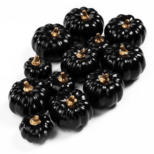 Benjia Kürbis Herbst Dekorationen, Mini Klein Draußen Künstlich Gefälscht Schaum Simulation Kürbis Herbst Bauernhaus Deko für Halloween Thanksgiving Tisch Dekorieren (12 Stück, Schwarz)