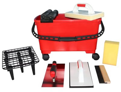 Large Tile Washing Set Fugbox 22 Litres with Double Roller Attachment - Grid - 4 Floor Castors and Tiling Tools Smoothing Trowel Unserrated + Free Facade Spatula 200 mm