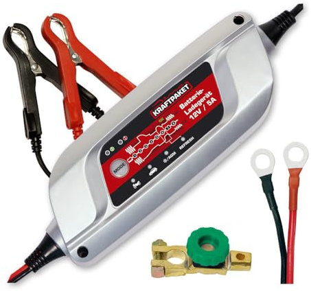 Dino KRAFTPAKET Set bestehend, 5A/12V Intelligentes Batterieladegerät KFZ Ladegerät, Erhaltungsladegerät mit Desulfator und Batterie Trennschalter Poltrenner Batterietrenner für Auto Boot Motorrad