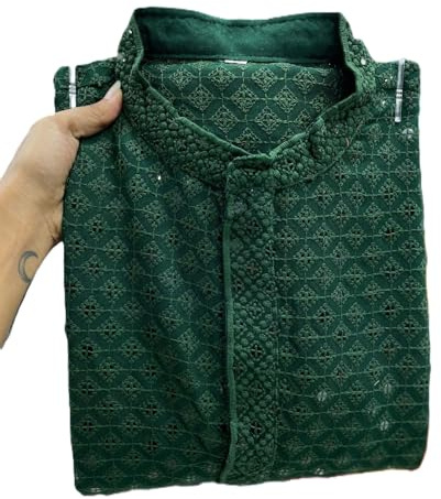 Estationeryhouse Straight fit Men's Kurta Pajama in Cotton (Rayon) Heavy Embroidery work Front and Back (Comes with white pajama)