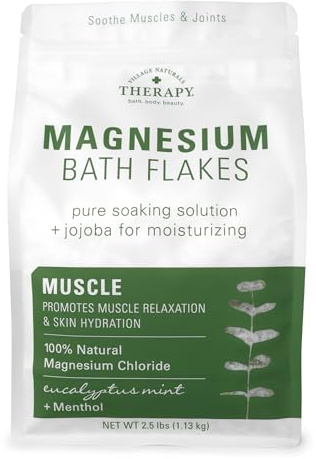 Village Naturals Therapy Muscle Magnesium Bath Flakes, Eucalyptus, Mint & Menthol Scent, 2.5 lbs