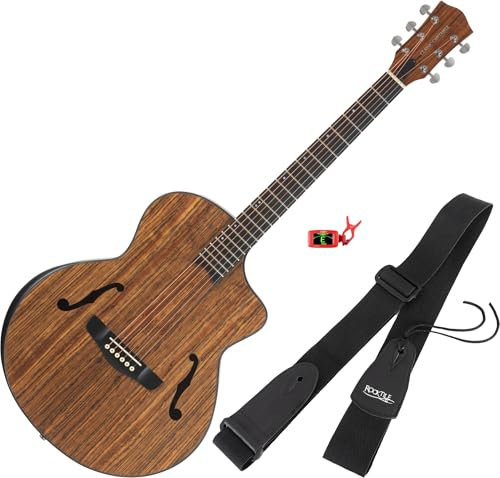 Classic Cantabile SHG-2WN LaBelle Westerngitarre Set - Inkl. Stimmgerät und Gurt - Gitarre mit seitlichem Schallloch und Armrest - Decke, Boden & Zarge: Walnuss - Griffbrett/Hals: Blackwood/Okoume