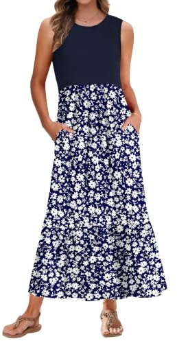 PLMOKEN Maxi Summer Dresses for Women UK Ladies'Casual Long Sleeveless Dress Beach Dresses with Pockets