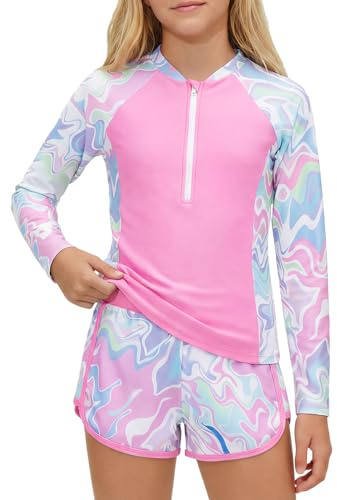 JiAmy Maillot de bain deux pièces pour fille avec short, maillot de bain 2 pièces, maillot de bain à manches longues avec fermeture éclair, maillot de bain rashguard 8-12 ans, rose, 10-11 ans