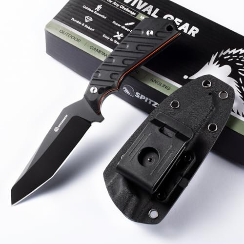 SPITZKANTE Gürtelmesser QI-ALO, Kydex-Scheide mit drehbarer Gürtelclip, Reverse Tanto Messer 10, 6cm Klinge, G10 Griff, Quertragbar, Vollschwarz, Outdoor, Survival