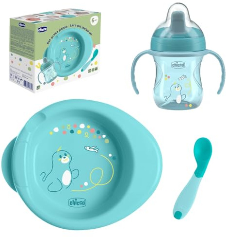Chicco Set Vajilla Bebé, para la comida compuesto por Copa de entrenamiento, Primera Cuchara, Plato Caliente, Edad 6 meses +, 0% BPA, Azul