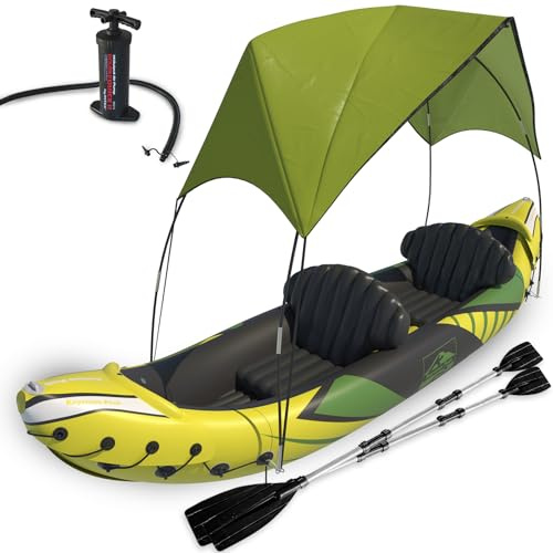 KP Inflatable Kayak 2 Person with Sun Canopy (Detachable) - Kayaks for Adults - Waterproof Phone Bags - Adjustable Seats - 3rd Seat for Dog/Child - Backrests & More - Yellow Green