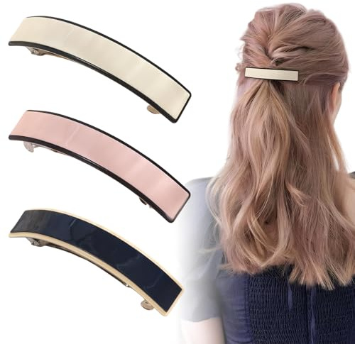 Lot de 3 Barrettes à Cheveux Rectangulaires Françaises, Pinces à Cheveux Automatiques pour Femmes, Forme Rectangulaire Française Classique pour Femmes, Accessoires Cheveux Femme (Rose, Blanc, Noir)