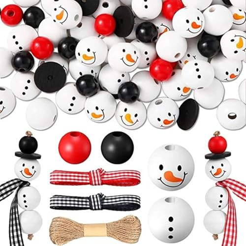 Vookkp 180PCS Cuentas De Madera 20mm 16mm Bolas Redondas Con Agujero Grandes+30pcs Espaciadores Negros+2 Cuerdas Cáñamo+2 Cintas Cuadros Abalorios Natural Muñeco De Nieve Navidad Decoracion Navidad
