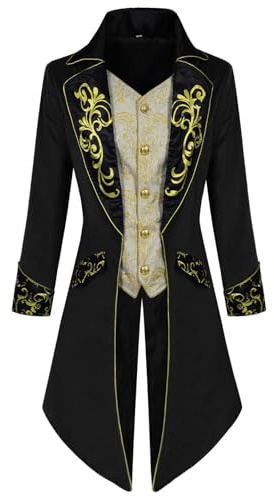 Veste steampunk, manteau gothique pour homme, midi, tendance médiévale, noir, brodée frack victorien, jupe de marche, jupe de marche, costume de pirate, costume d'Halloween, Noir , XL