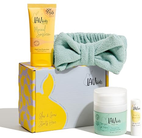 LAV KIDS Sun Ready Set, Face Moisturiser, SPF 50 Sunscreen, Lip Butter, Gift Box with Hairband (Blue Cream)