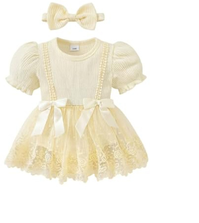 JiAmy Baby Girl Tulle Romper Dress Headband 0-3M, Yellow