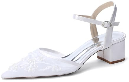 TNMIUH Bekväma lågklackade brudskor med strass, eleganta pumps i satin, vackra brudskor med blockklack för bröllop och kväll
