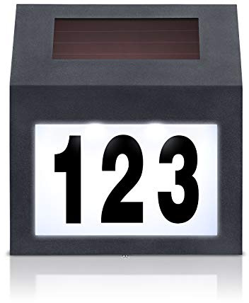 LZQ Numero civico a LED in acciaio inox nero, 2 LED con interruttore crepuscolare e pannello solare in silicio amorfo, lampada solare da parete per esterni
