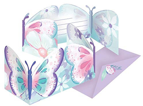 Amscan 9909726 - Einladungskarten Flutter mit Umschlägen, 8 Stück, Papier, Schmetterling, Kindergeburtstag