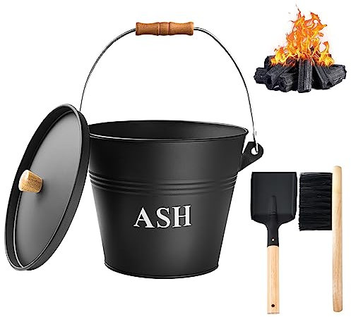 Secchio per cenere con coperchio, pala e scopa a mano, camino da 1,5 galloni, secchio in metallo con base rinforzata e posacenere, braciere, stufa a legna per camino, set di attrezzi in ferro zincato