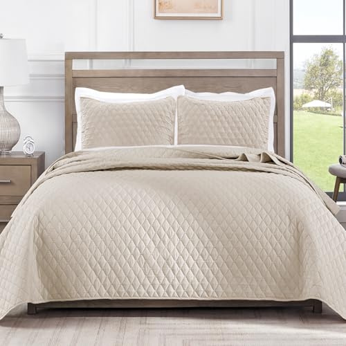 Exclusivo Mezcla Colcha Boutí - Cubrecama para Cama 200 (260x280 cm), con 2 Fundas de Almohada 50x90 cm, Reversible, Ligero y Suave, Todas Las Estaciones, Beige