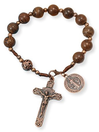 Nazareth Store Antike bronzefarbene Holzperlen, ein Dekade-Rosenkranz, handgefertigter Taschen-Autospiegel mit Heiliger Medaille und Jesus-Kreuz, reisefreundlich (St. Benedikt und St. Benedikt-Kreuz)