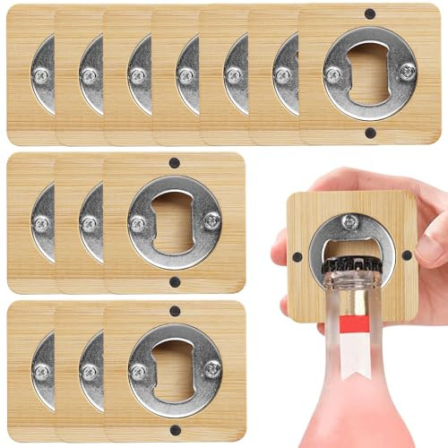 PRITOK Apribottiglie in Legno e Acciaio Inox - Set da 12 Pezzi in Bambù con Indebolimento del Campo, Assorbibile, Personalizzabile - Ottimo Regalo