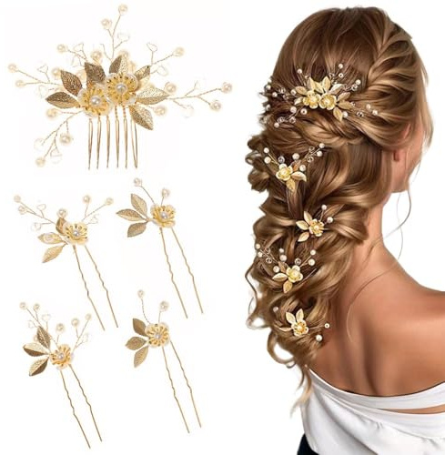 QKEPCY 5 Piezas Accesorios para el Cabello Novia Peine con Hoja Flores Peinetas para el Pelo Bodas Peines Perlas Pinzas pelo Mujer Boda Cristales de Diamante Boho Horquillas Boda Schmuck Set