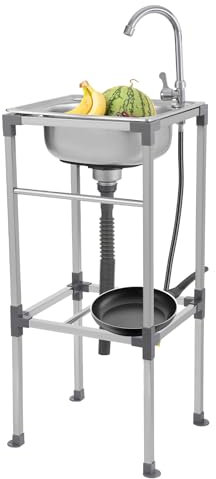 Fregadero de cocina independiente de acero inoxidable con grifo de 360° y armario inferior, lavabo grande, drenaje rápido y montaje de bricolaje, lavabo móvil para el hogar y el comercio (42 x 37 x 83