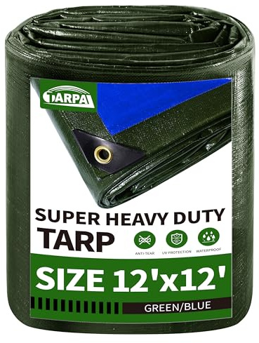 TARPAL 12x12 Tarp Heavy Duty Waterproof Tarp 16mil Thick Tarps with Metal Grommets Every 17.7 UV Protection&Tear -Resistant Cover for Firewood,Roof,Pool,Car,RV&Outdoor Furniture（Green/Blue）