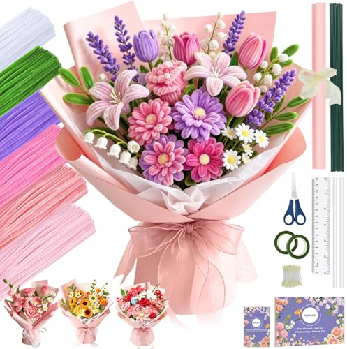 FACIACC 600 Stück Tulpenstraußes Pfeifenreiniger Blumen Set, Chenille-Blumenstiele in 6 Farben für Selbstgemachte Blumensträuße, inklusive Blumendraht, Klebeband, Staubgefäßen, Geschenkpapier, Schere