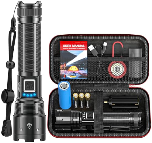BUCASA Taschenlampe LED Aufladbar 1000000 Lumen, LED Taschenlampe Extrem Hell XHP70.2 Batteriebetrieben USB, Starke Taktische Taschenlampen, IP67 Wasserdicht 5 Modi Flashlight für Outdoor Notfälle