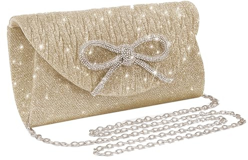 YONEEKSS Clutch Bags, Sparkling Rhinestone Bow Eveing Bag for Women, Glitter Evening Bags with Detachable Chain, Handbags Purses for Women Bridal Prom Party Wedding