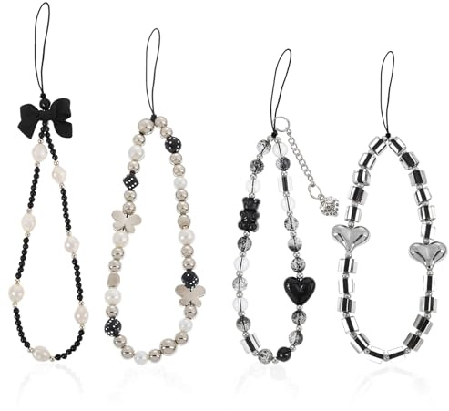 Ouligay 4pc Crystal Phone Charms Strap Beaded Phone Wrist Strap Butterfly Bow Heart Camera Wrist Pearl Keychain Charm for Women Bag, Camera Pendants Decor