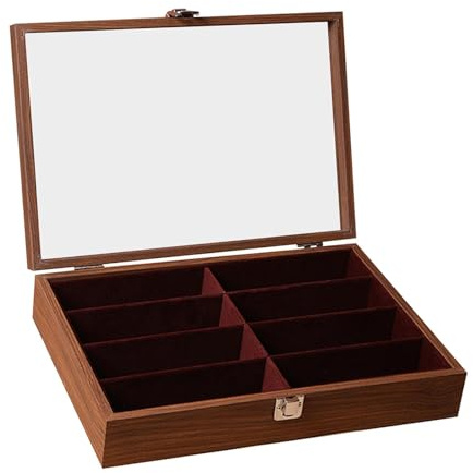 Ｚｉａｌｏｆｉ Organizador de Gafas Bandeja Expositor Caja Almacenamiento de Lentes Soporte de Madera con Interior de Terciopelo Adecuado para Relojes Joyería Hogar, con Tapa de Nogal, universal